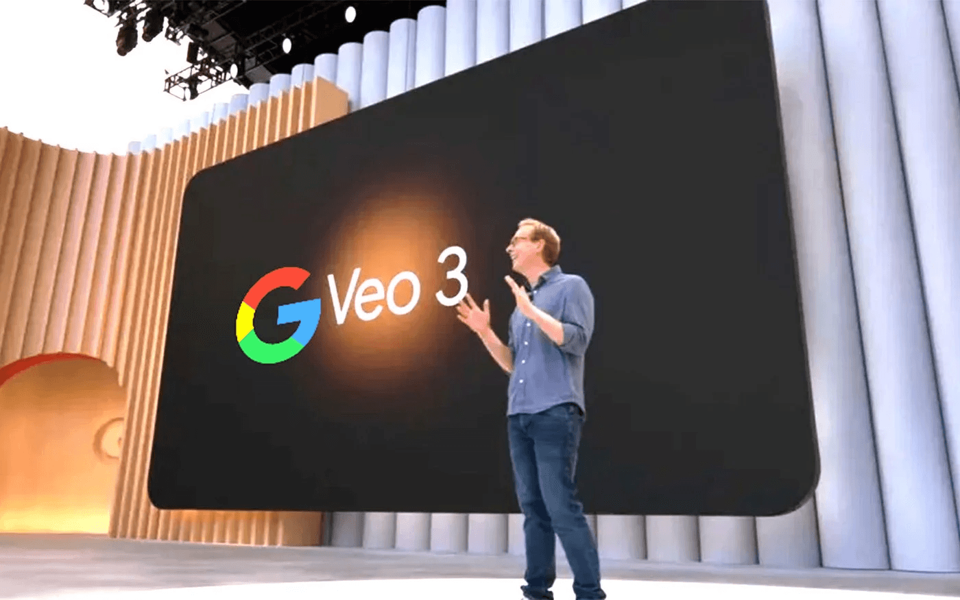 Man announcing Google Veo 3 onstage - Veo 3 maximum video length