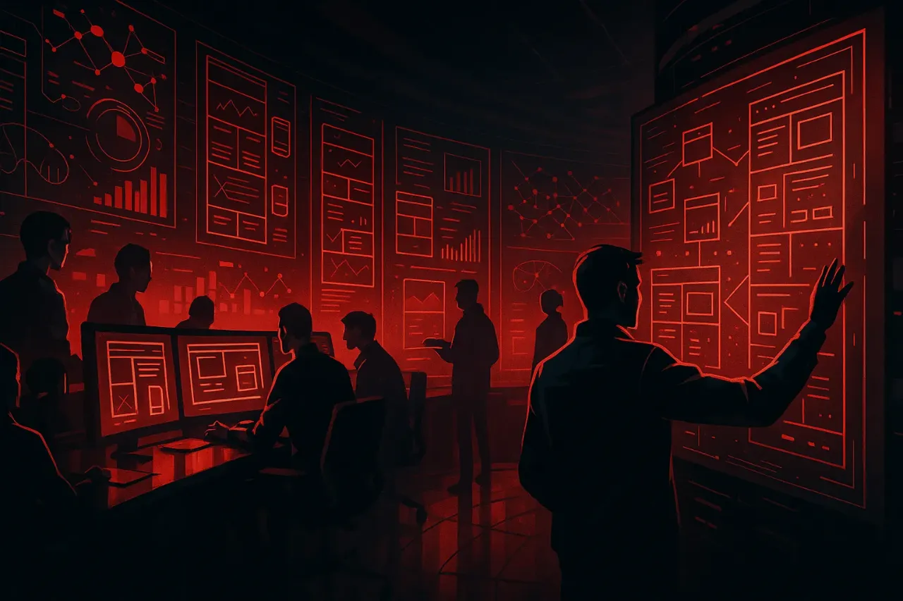 Digital Marketing Agency RockN' Socials team analyzing data in a red-lit room.