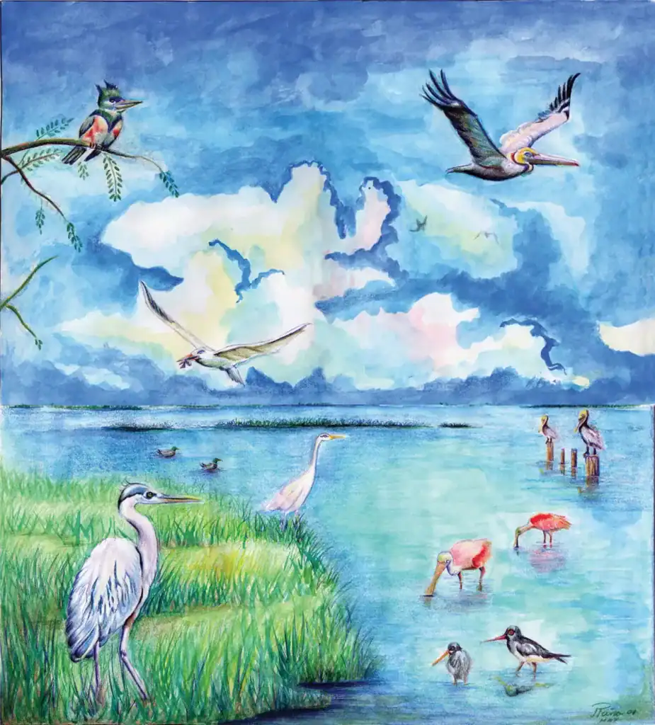 Vibrant bird and water scene mosaic art piece.