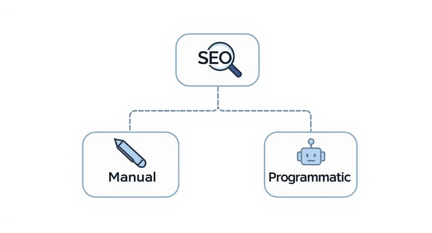 Diagram illustrating SEO methods, branching into manual SEO with a pencil and programmatic SEO with a robot.