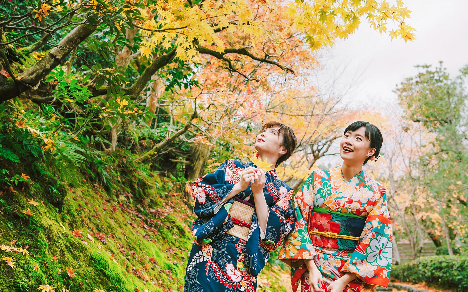 Amigos con coloridos kimonos disfrutando del follaje de otoño en un jardín japonés.