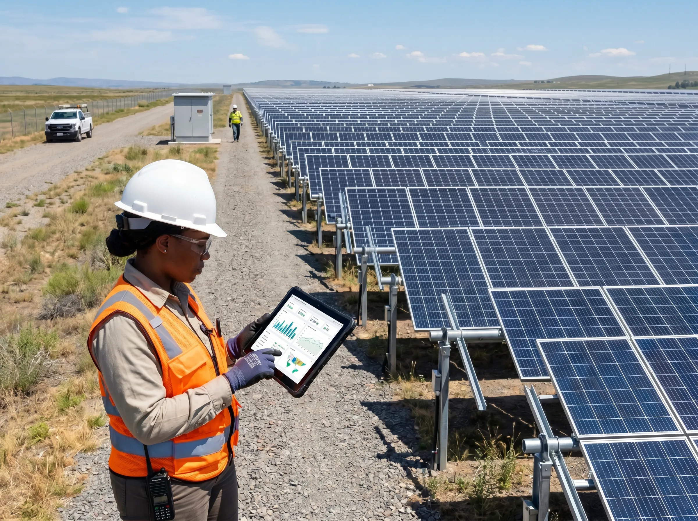 A solar field worker wearing a helmet and safety vest stands in front of solar panels, holding a tablet showing performance charts.