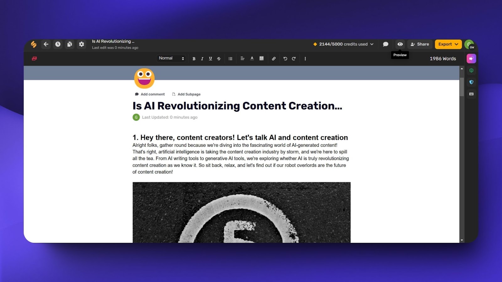 Screenshot of a blog editor with a quirky emoji at the top, bold black title text, and an intro paragraph below. It includes a playful, engaging tone.