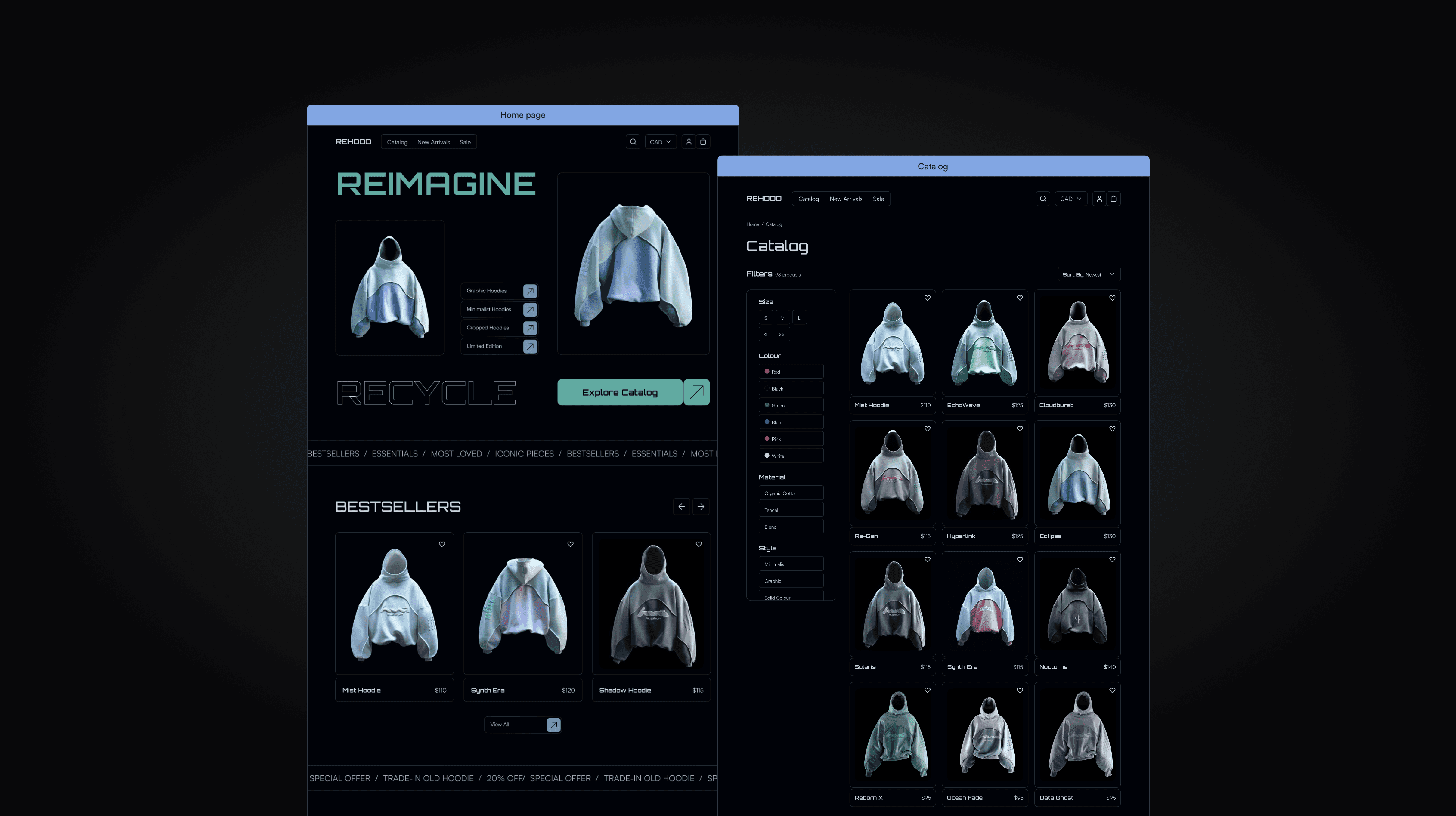 E-commerce product grid showcasing various hoodies on a dark eco-fashion platform with minimalist UI.