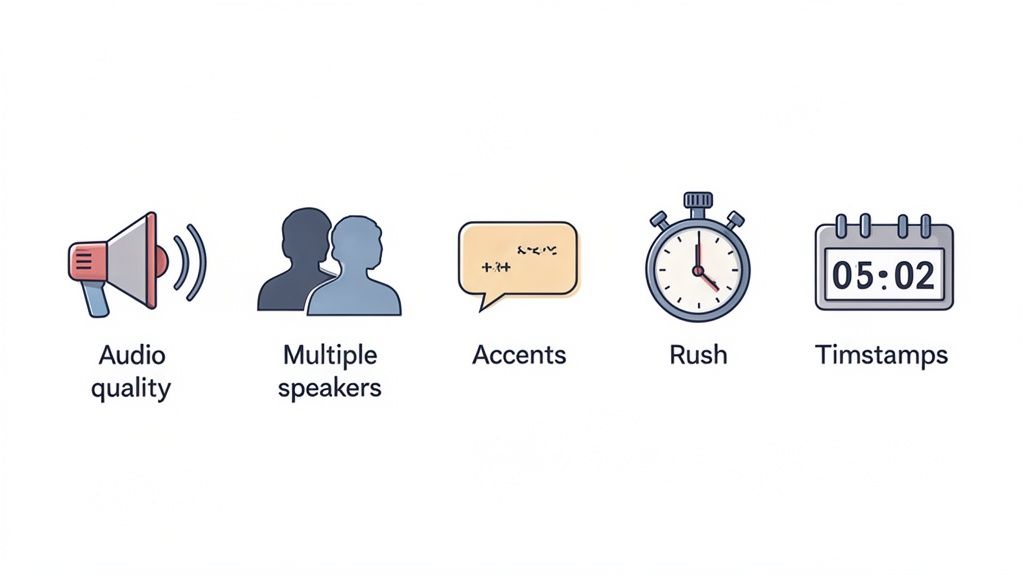 Icons representing factors affecting transcription services: audio quality, multiple speakers, accents, rush, and timestamps.