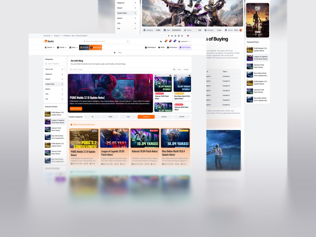 Gaming blog and news section from Ilanla platform featuring PUBG update articles, category filters, and featured posts