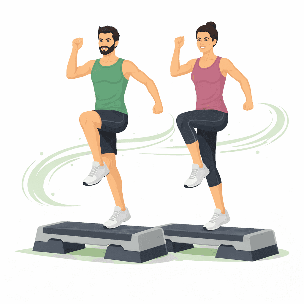 Two individuals exercise on step platforms, performing high-knees with athletic clothing and energetic expressions.