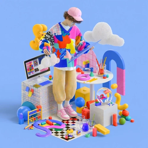 3D illustrated person in a colorful sweater surrounded by design tools and shapes