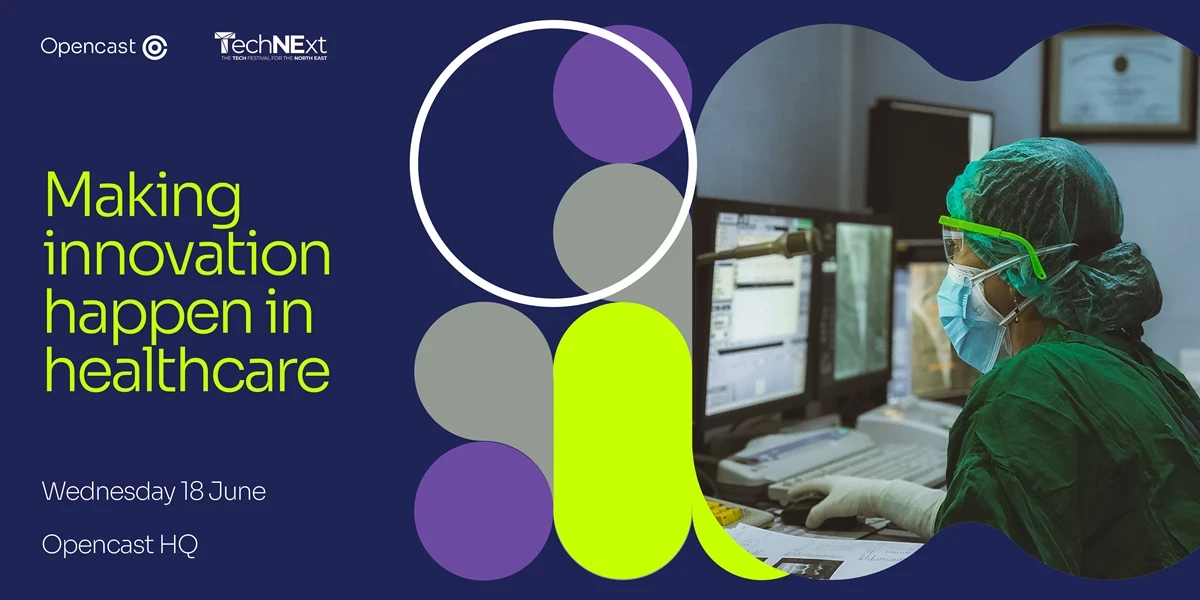 Event graphic for Making innovation happen in healthcare with a photo of a medical professional in green scrubs wearing a mask looking at a computer