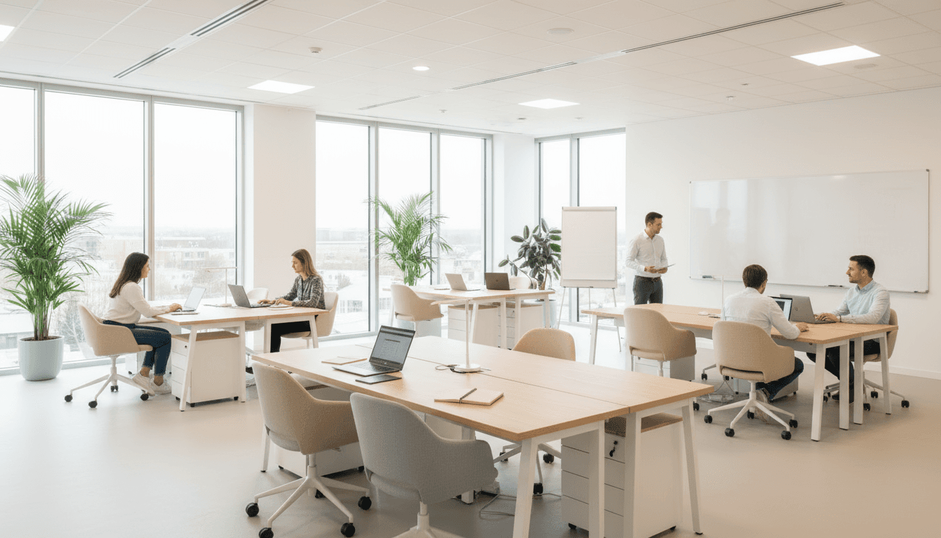 Several people are working together in a bright, modern office