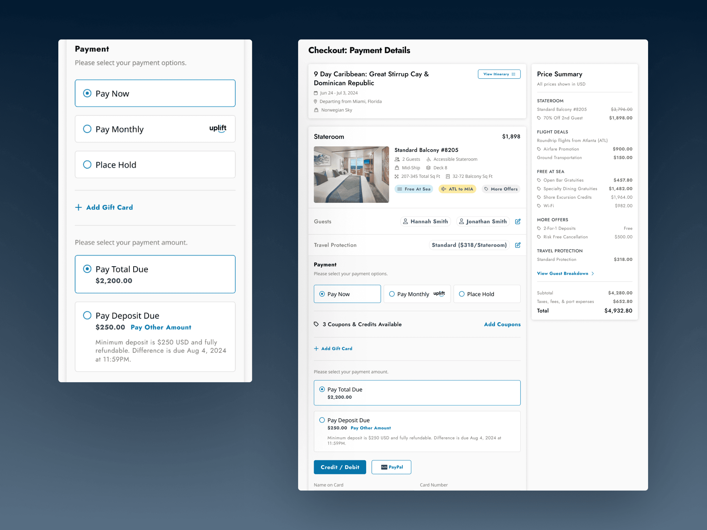 Pay Now, Pay Monthly via Uplift, or Place Hold — multiple paths forward designed to meet guests where they are at the highest-stakes step.