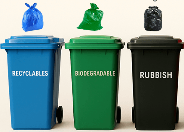 red yellow and green trash bins