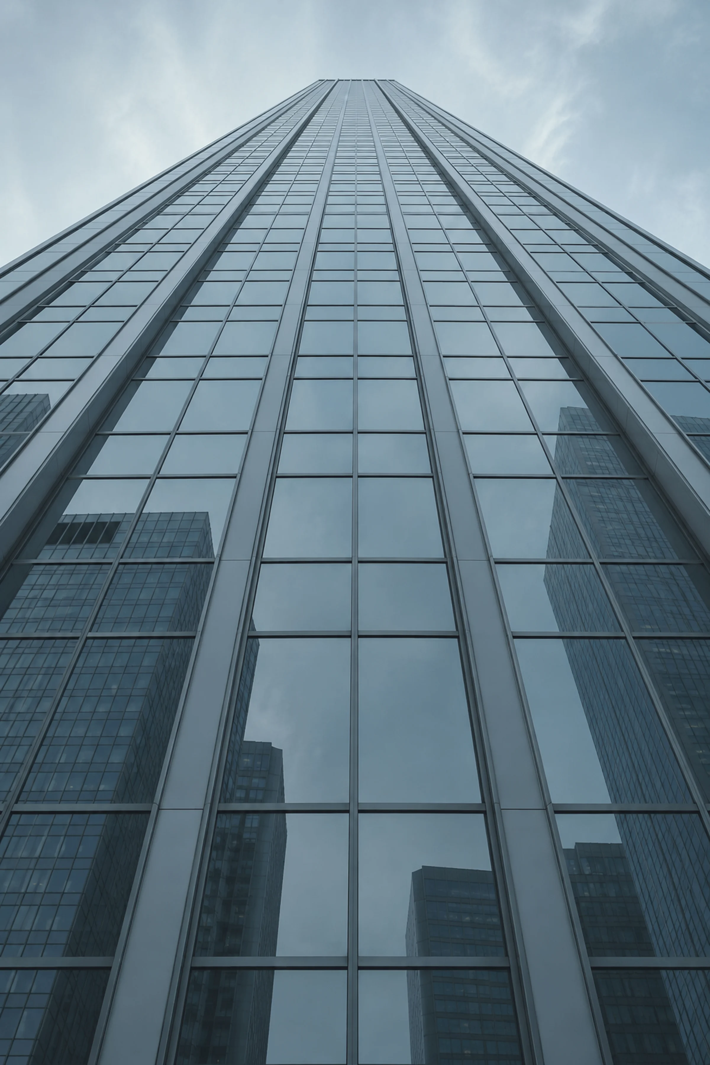 Looking up the glass facade of an office tower