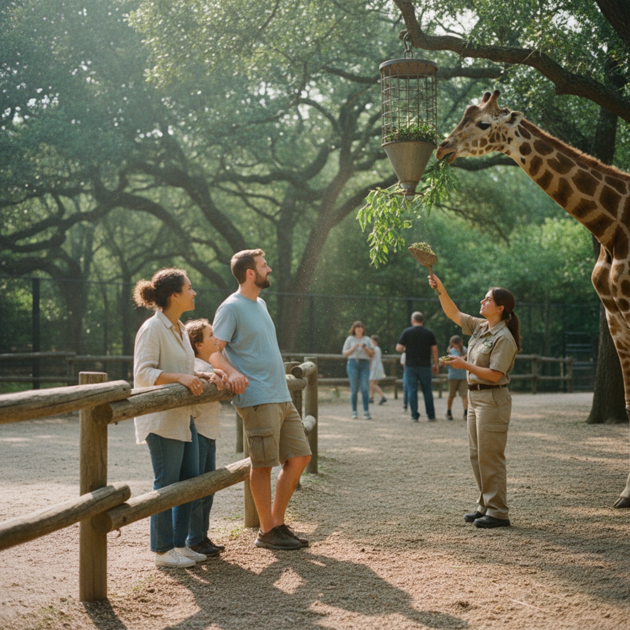 Ein warmer Vormittag im Zoo: Eine Familie steht am Geländer, während eine Giraffe gemächlich an frischen Zweigen knabbert. Ein Tierpfleger streut Futter in eine hohe Raufe, Sonnenlicht flackert durch die Blätter. Besucher bewegen sich ruhig auf dem Weg, der Staub glitzert in der Luft, alles wirkt entspannt und geordnet.