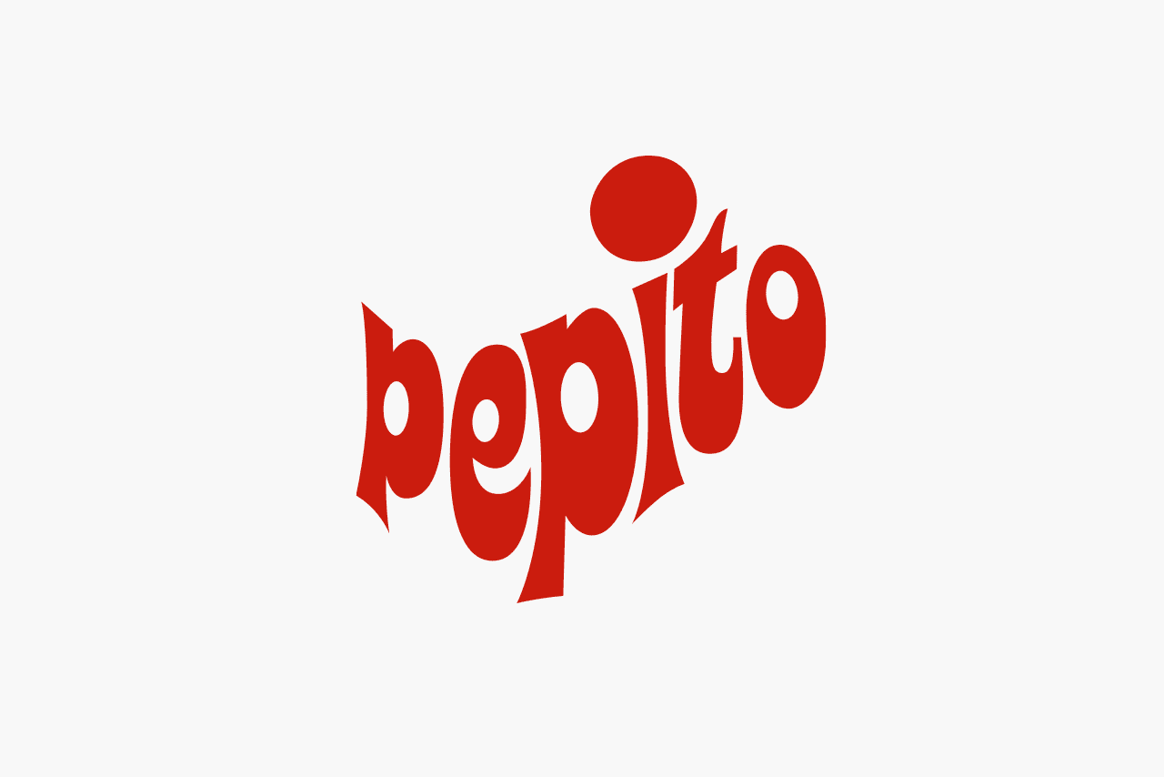 Pepito logo. Red letters in a wavy flow and giant dot on top of the i