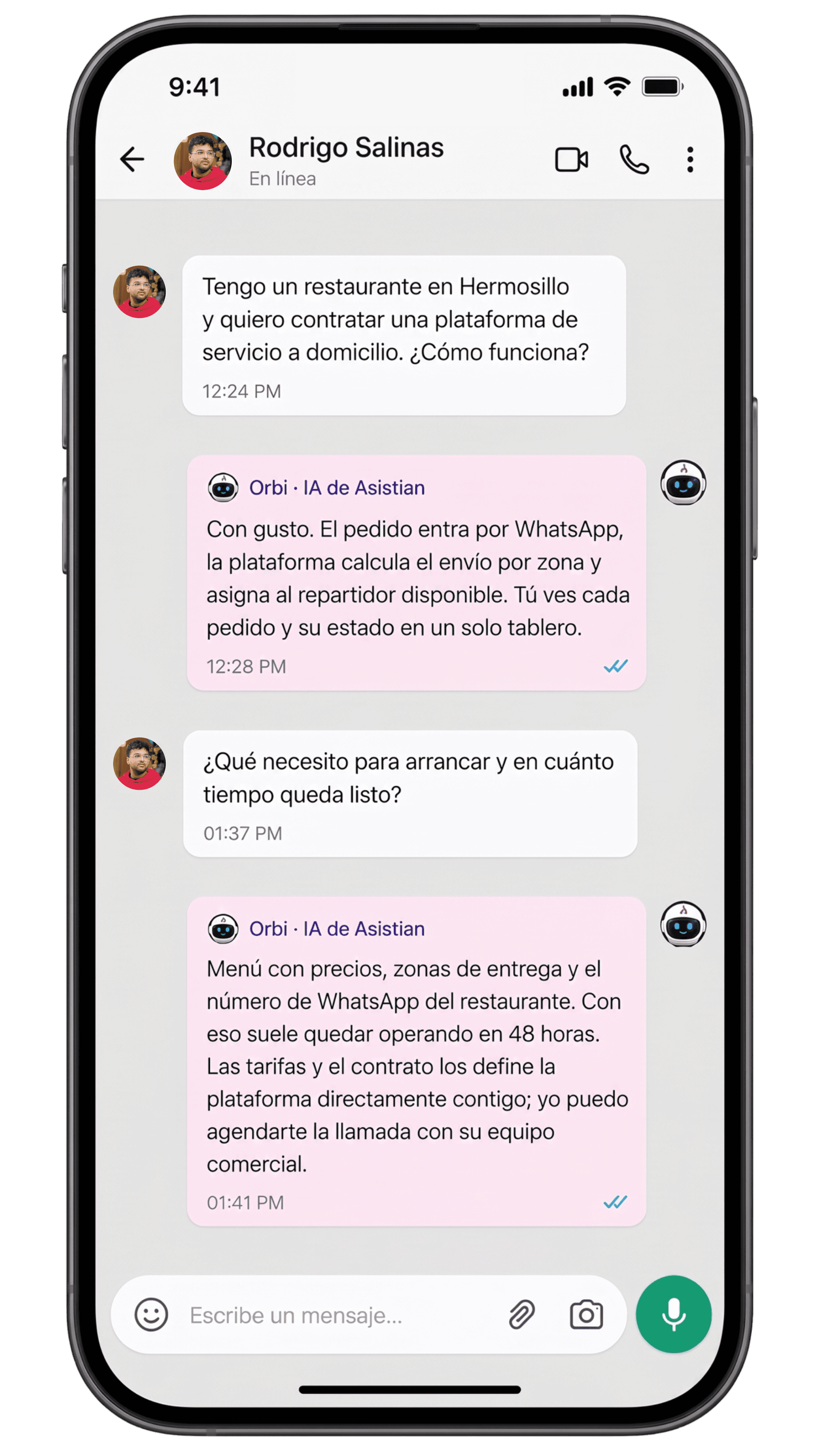 Conversación de WhatsApp de usuario con chat automatizado de Asistian.