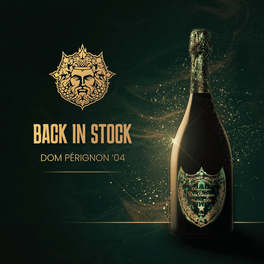 Dom Pérignon 2004 champagne bottle with luxury green and gold branding and Back in Stock promotional design.