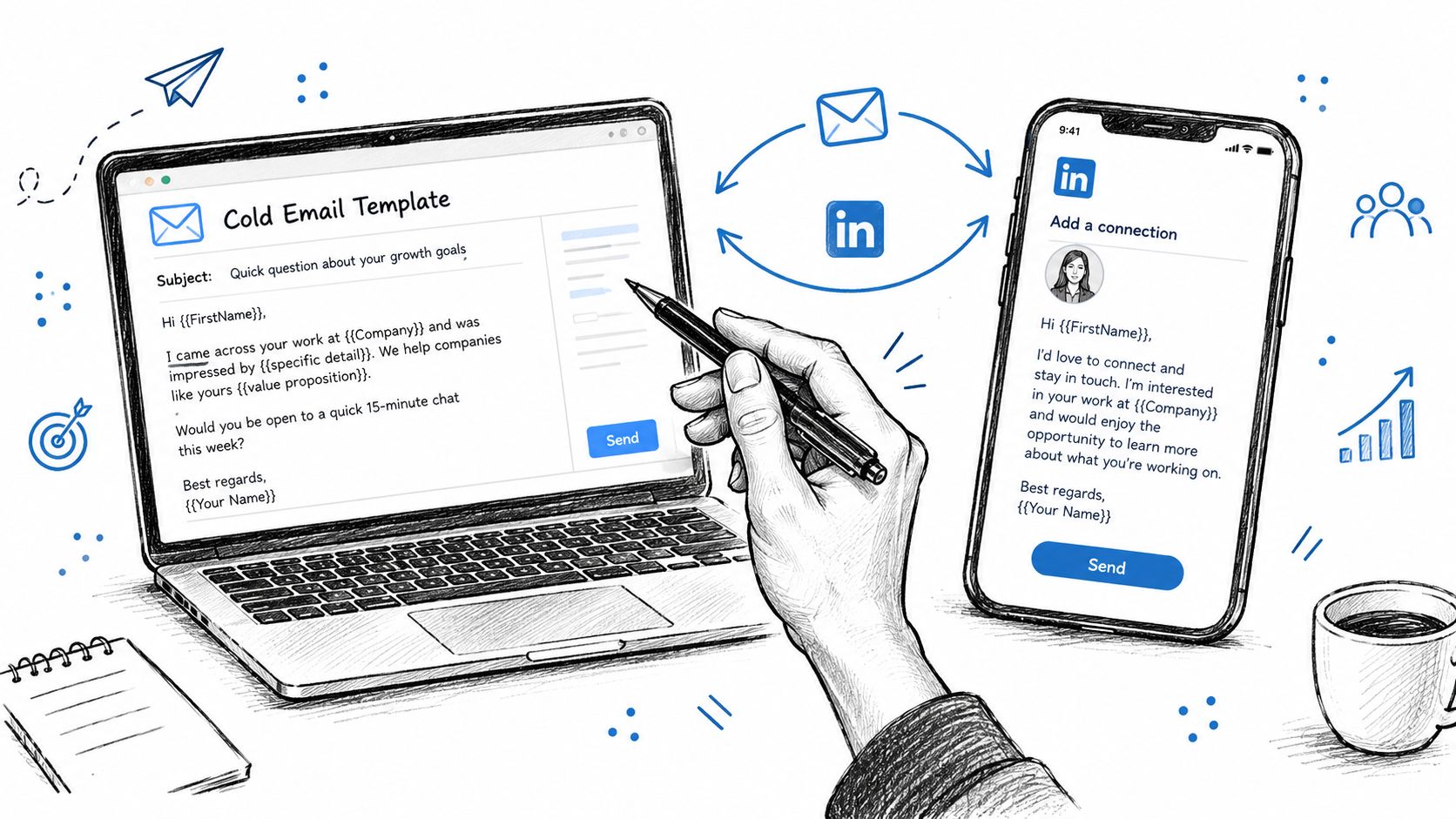 A hand writes cold email and LinkedIn connection scripts on a laptop and smartphone screen.