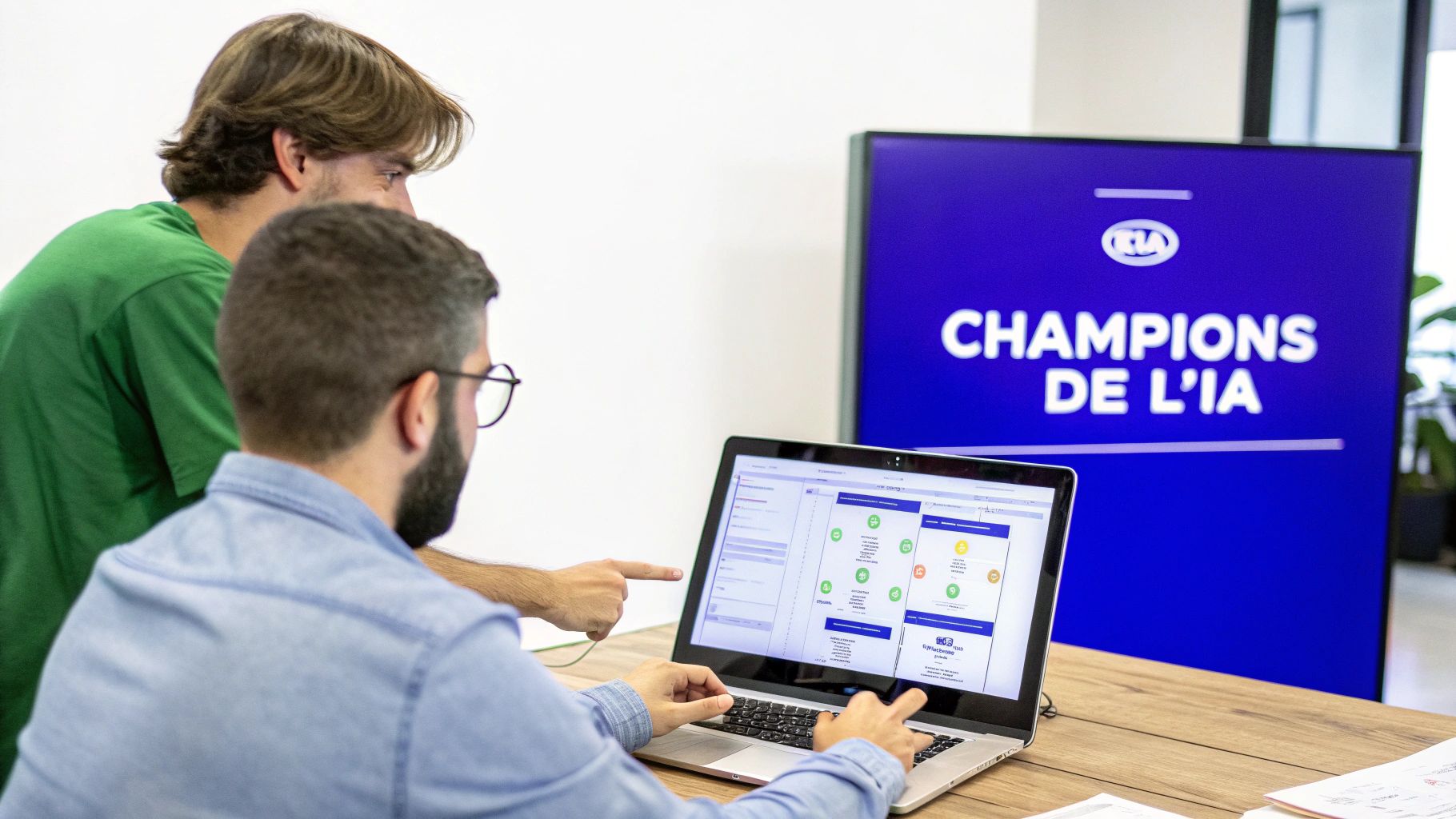 Deux professionnels collaborent autour d'un ordinateur portable, avec un écran affichant 