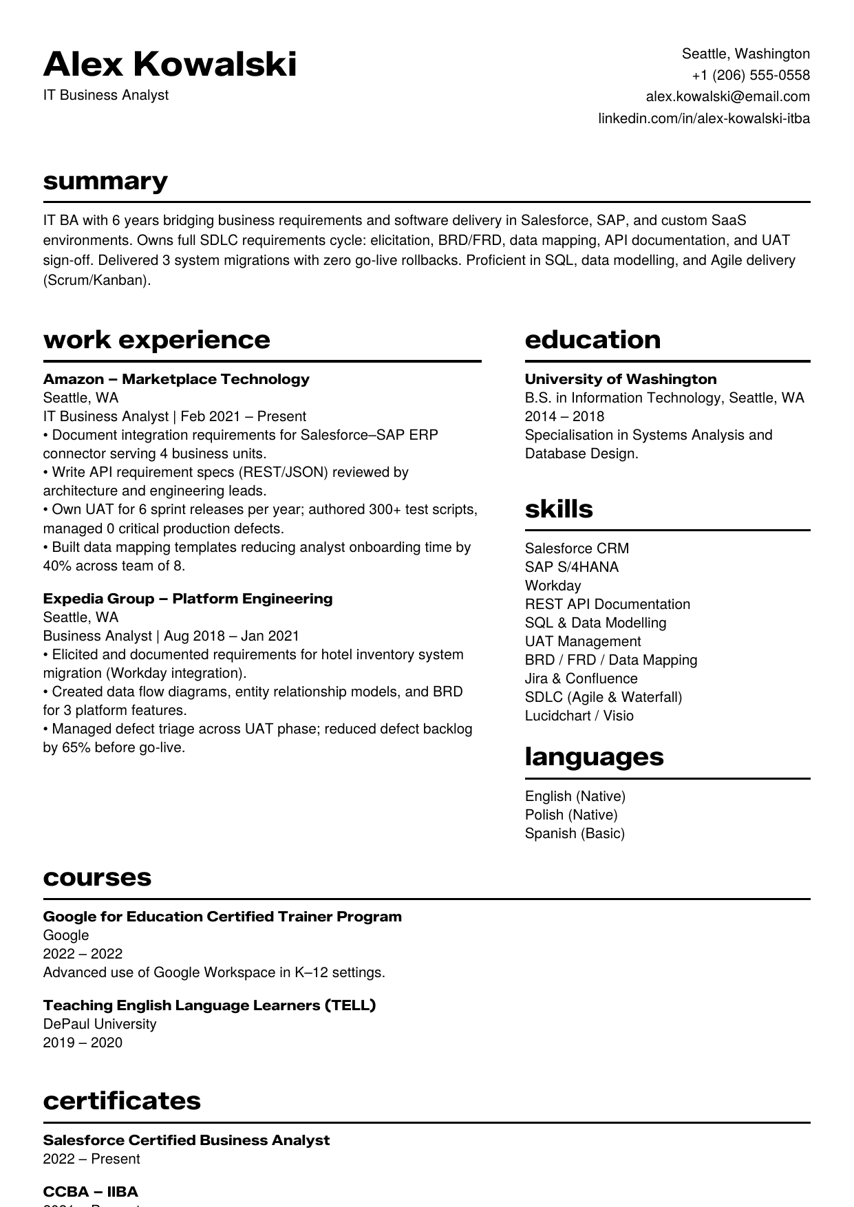IT business analyst resume example