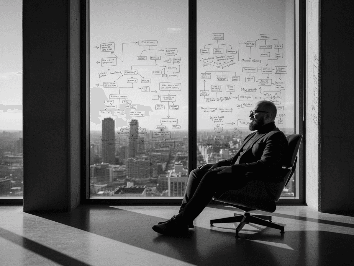Person sitting in a modern office in front of a wall covered with notes and sketches.