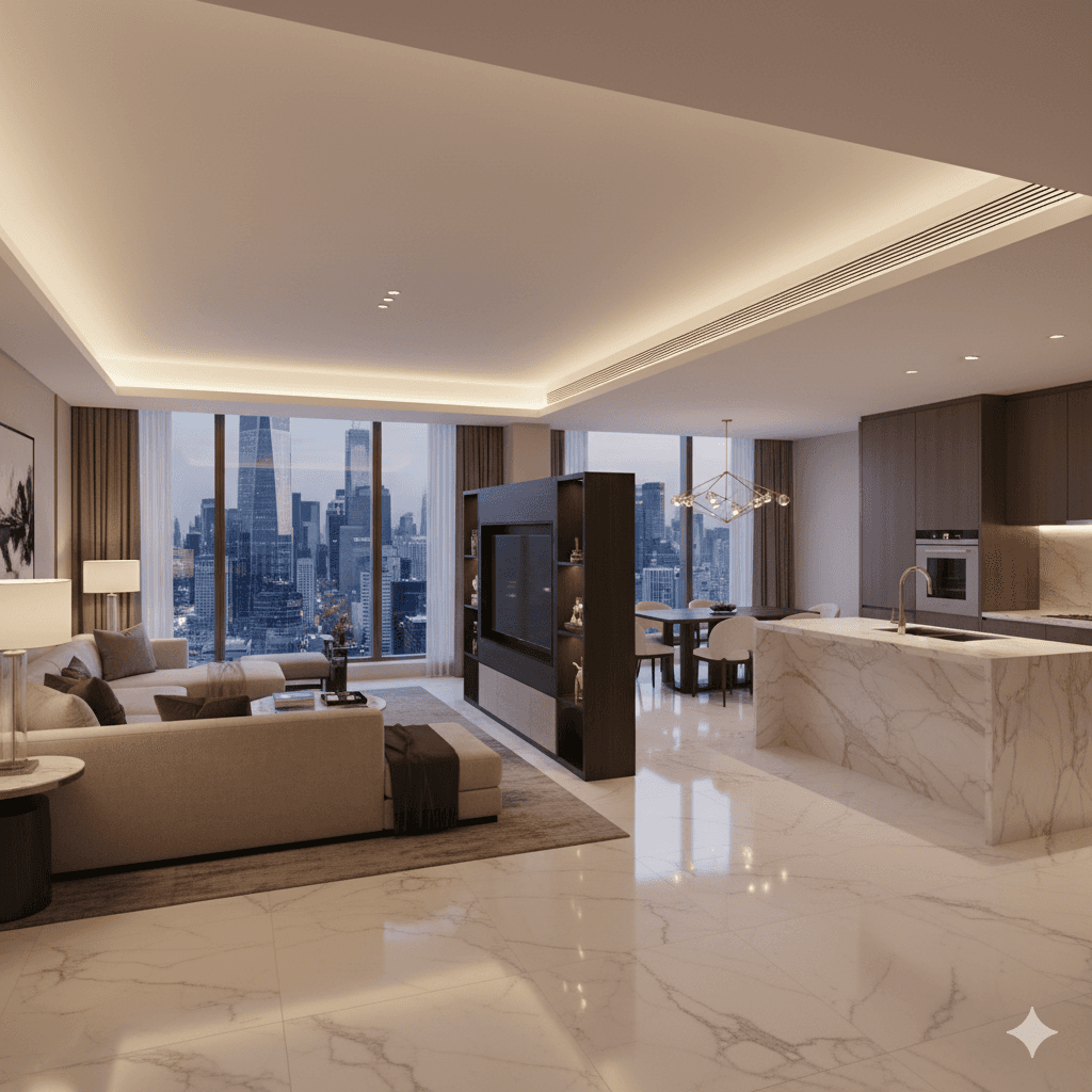 Luxury 5-star style interior with marble and branded appliances in Smart World, Gurugram