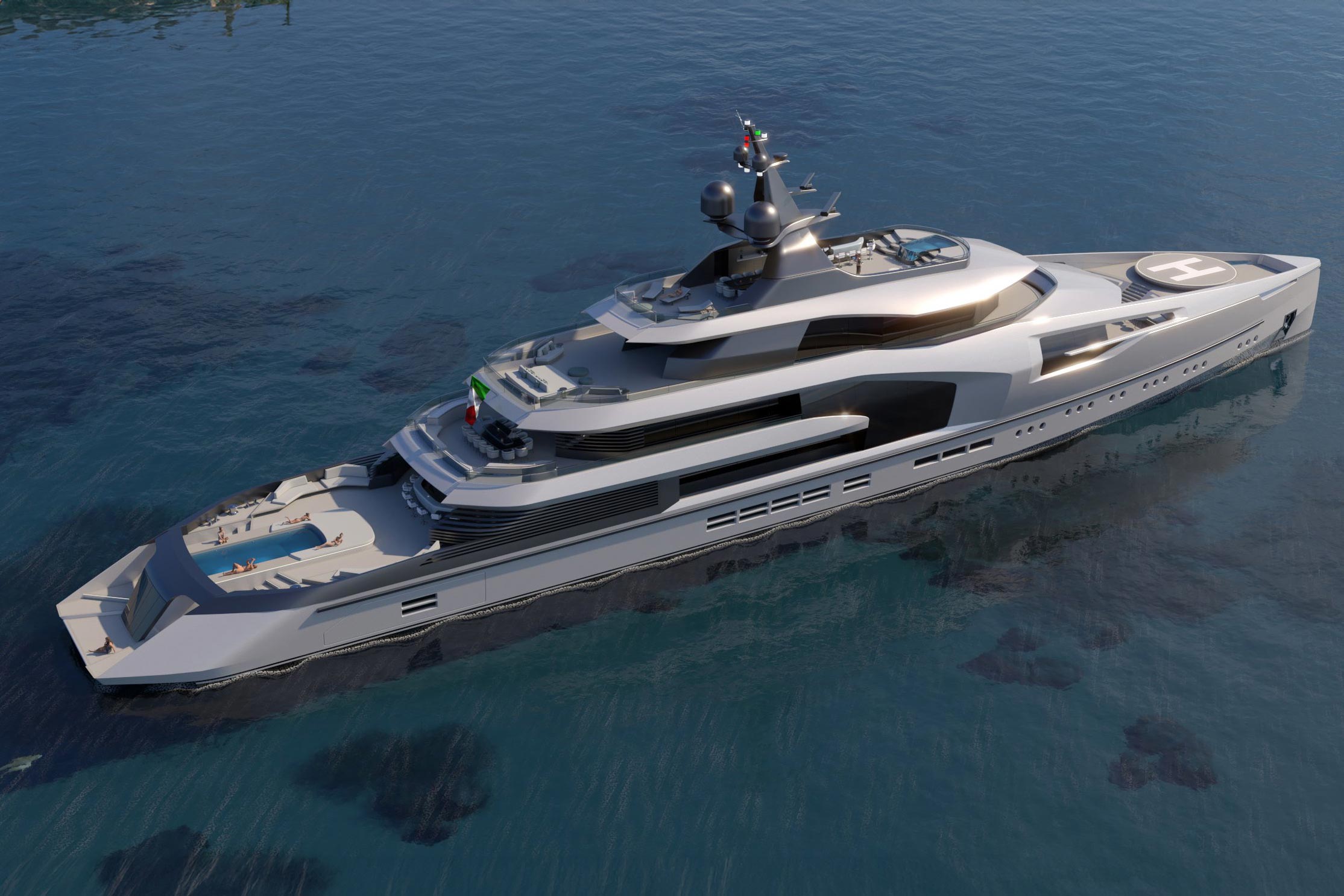 Photorealistic render of Gloss Design 295 UP.STARS superyacht, 3/4 top rear view
