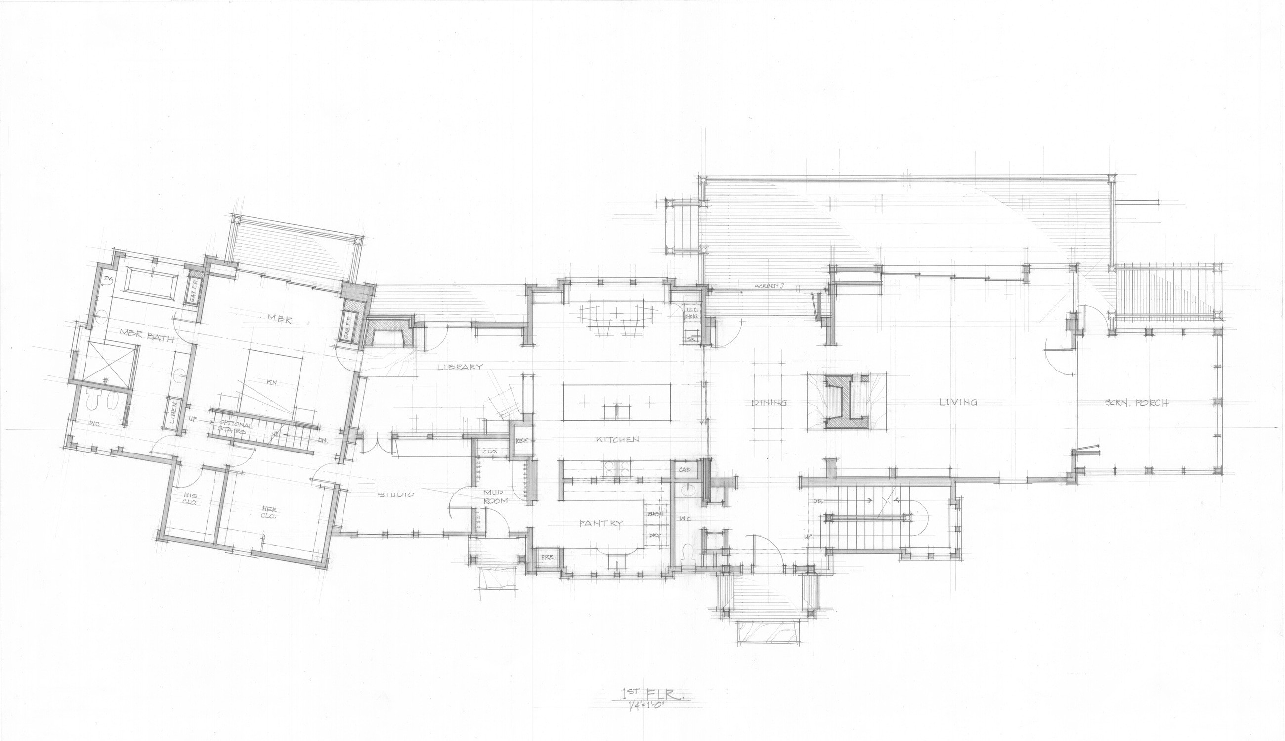 A floor plan in pencil, wings spreading from a central hall