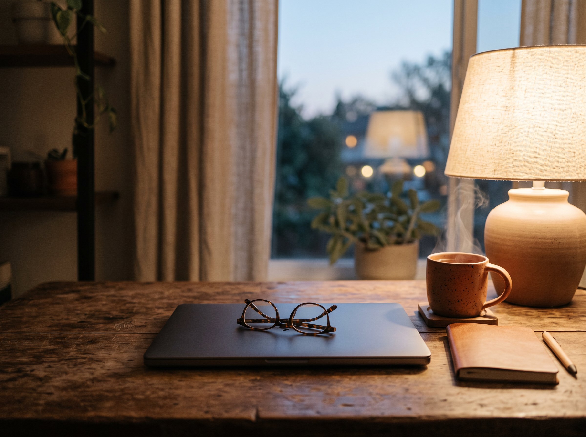 A closed laptop and reading glasses on a desk at dusk