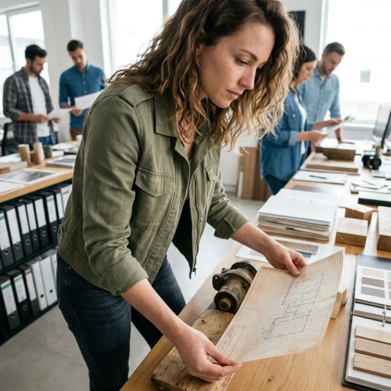 Équipe de consultants en atelier collaboratif analysant des parcours et des visuels sur une grande table de travail, illustrant notre expertise en Stratégie / positionnement de marque et signature unique pour donner du sens à votre marque.