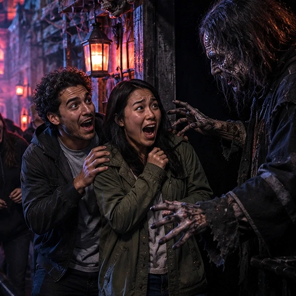 a scary zombie like figure pops out to scare a couple at the haunted house