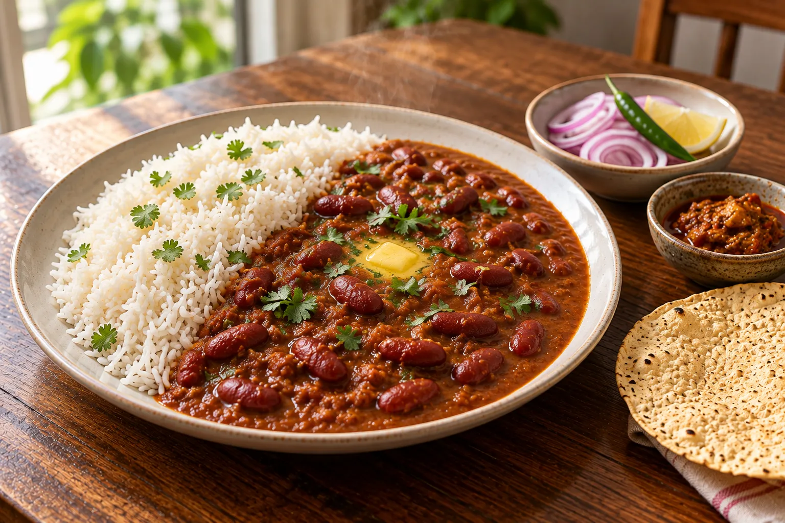 Plated rajma chawal topped with a cube of butter