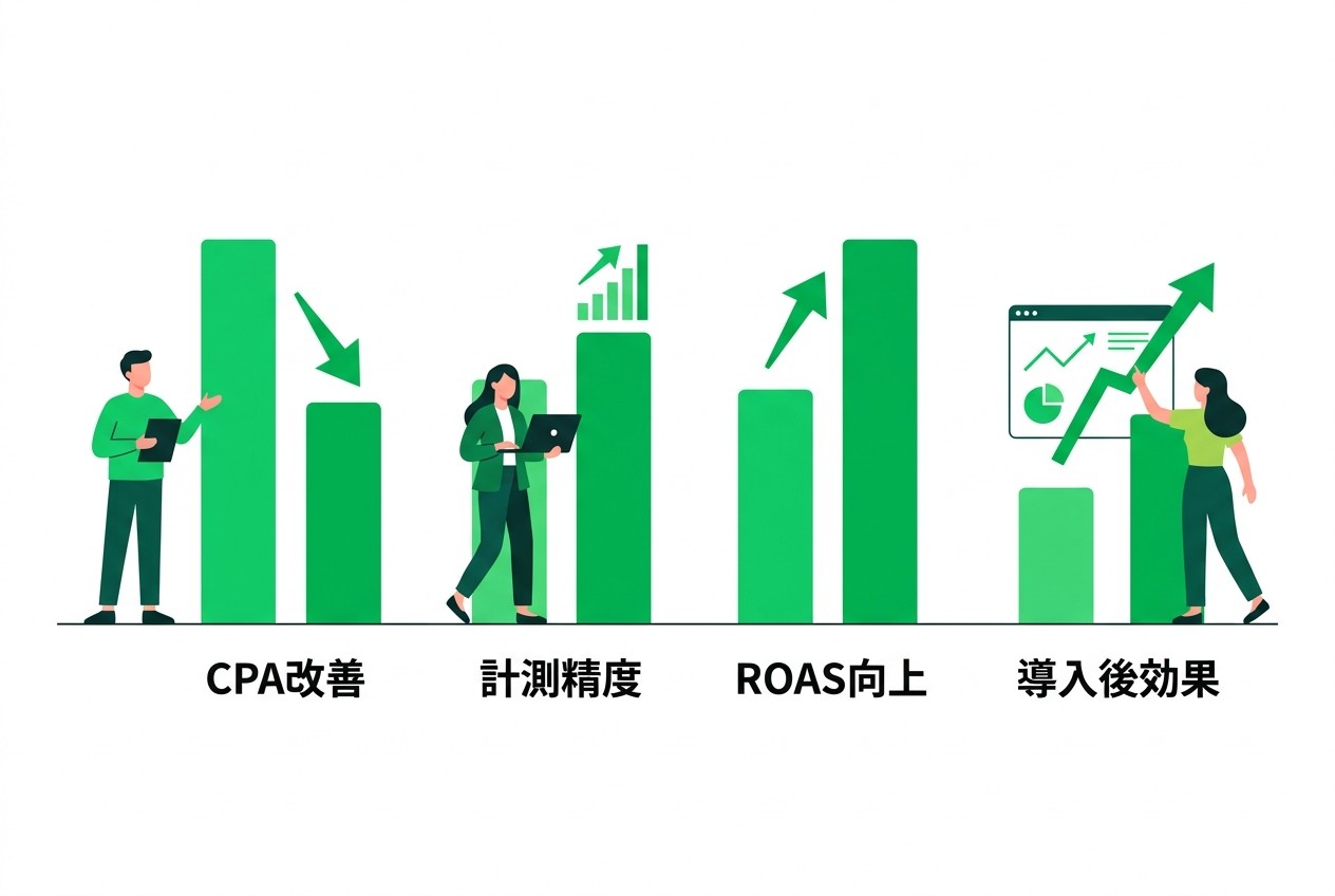 コンバージョンAPI導入による効果の実測データ。CPA改善28%、コンバージョン計測精度34%向上、ROAS最適化により配信量19%増加を平均で実現。