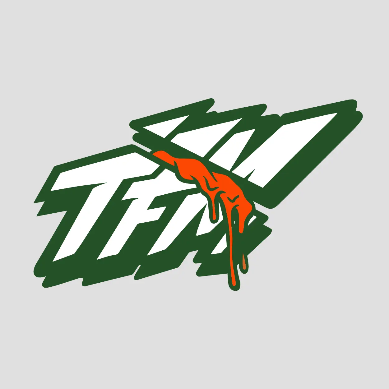 TFM block letters split in two with orange juice pouring from the center, part of album artwork for Cooks & Orange Juice.