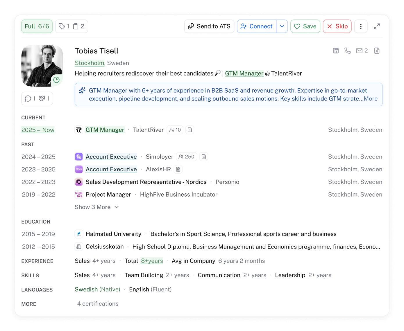 TalentRiver candidate profile card