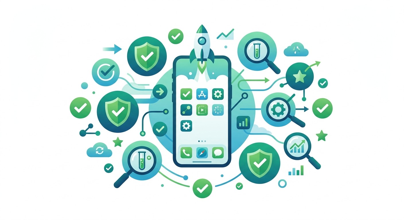 Flat illustration of mobile app architecture showing frontend UI connected to a backend server