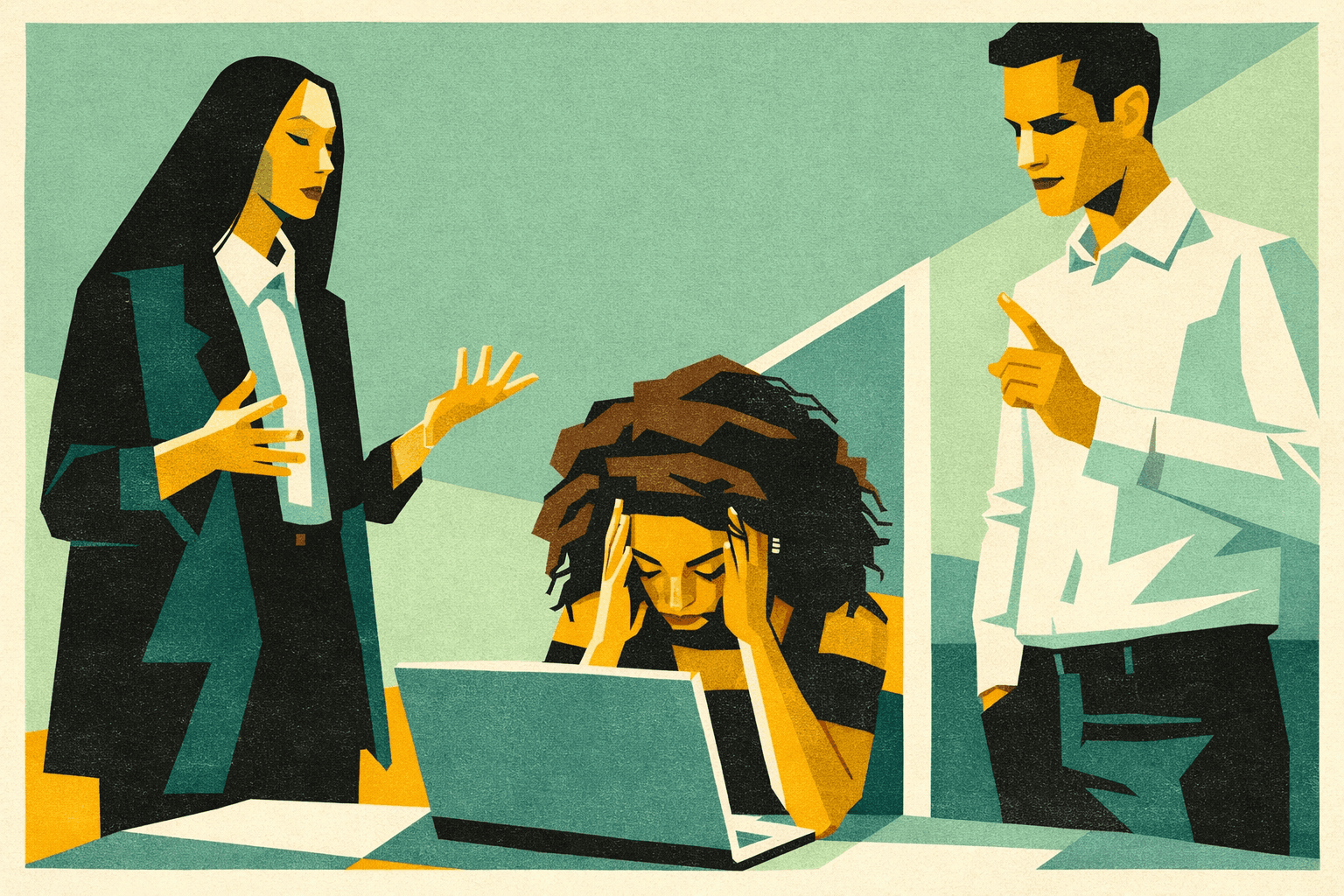 Giovane professionista junior davanti al computer in ufficio, situazione di smarrimento e pressione tipica dell’inizio carriera e della ricerca di orientamento professionale.