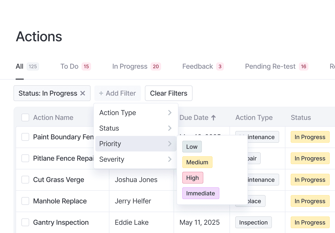 Screenshot from desktop app showing actions data table with filter dropdown menu