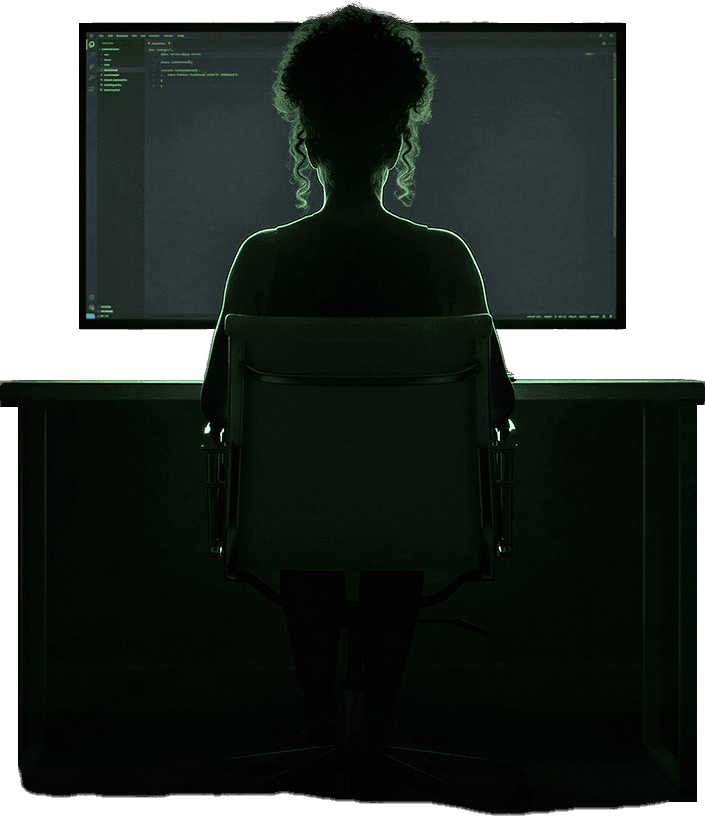 AI Builder programando com Assistente de IA em tela escura, iluminado por luz verde, representando o trabalho de Builders com Inteligência Artificial na plataforma Tera.