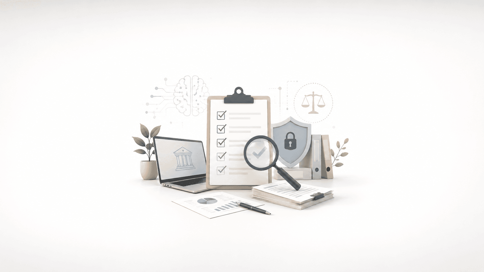 Illustrazione di audit AI per PMI con checklist, lente d’ingrandimento, scudo di sicurezza, documenti e simboli di intelligenza artificiale per ISO 42001, AI Act e GDPR.