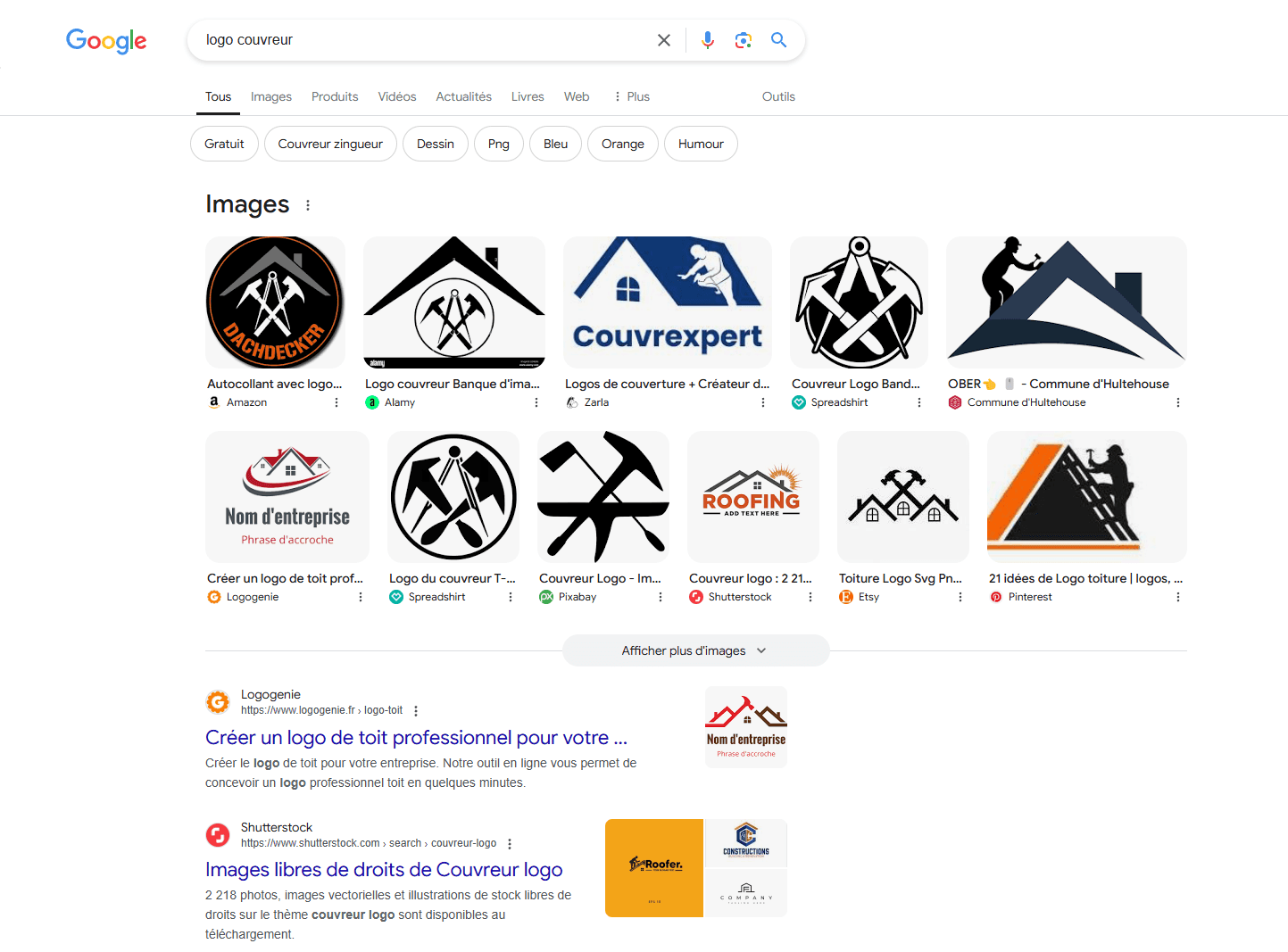 résultats du moteur de recherche Google pour le mot clé "logo couvreur"