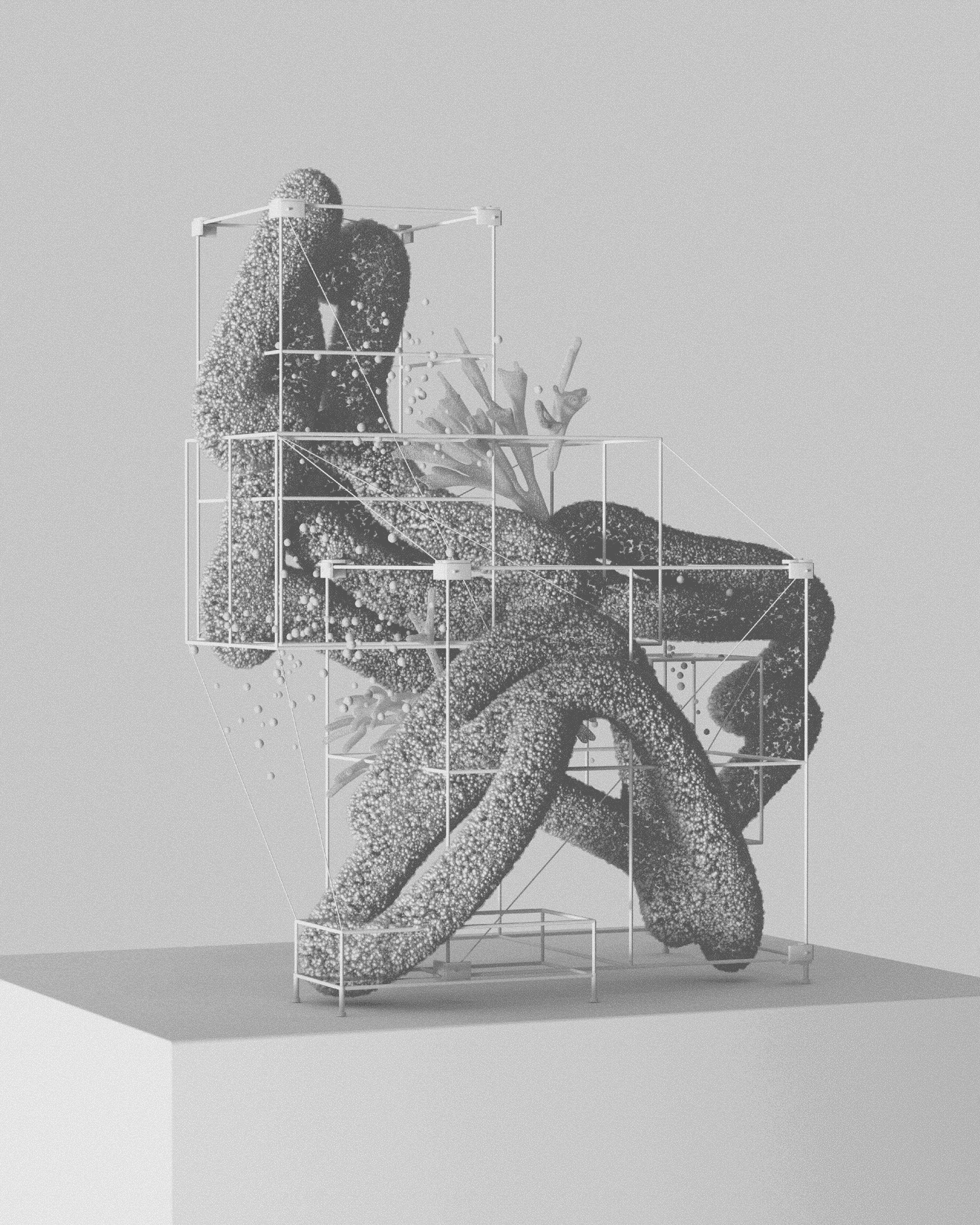 A humanoid figure in a seated pose sculpted from layered translucent geometric forms