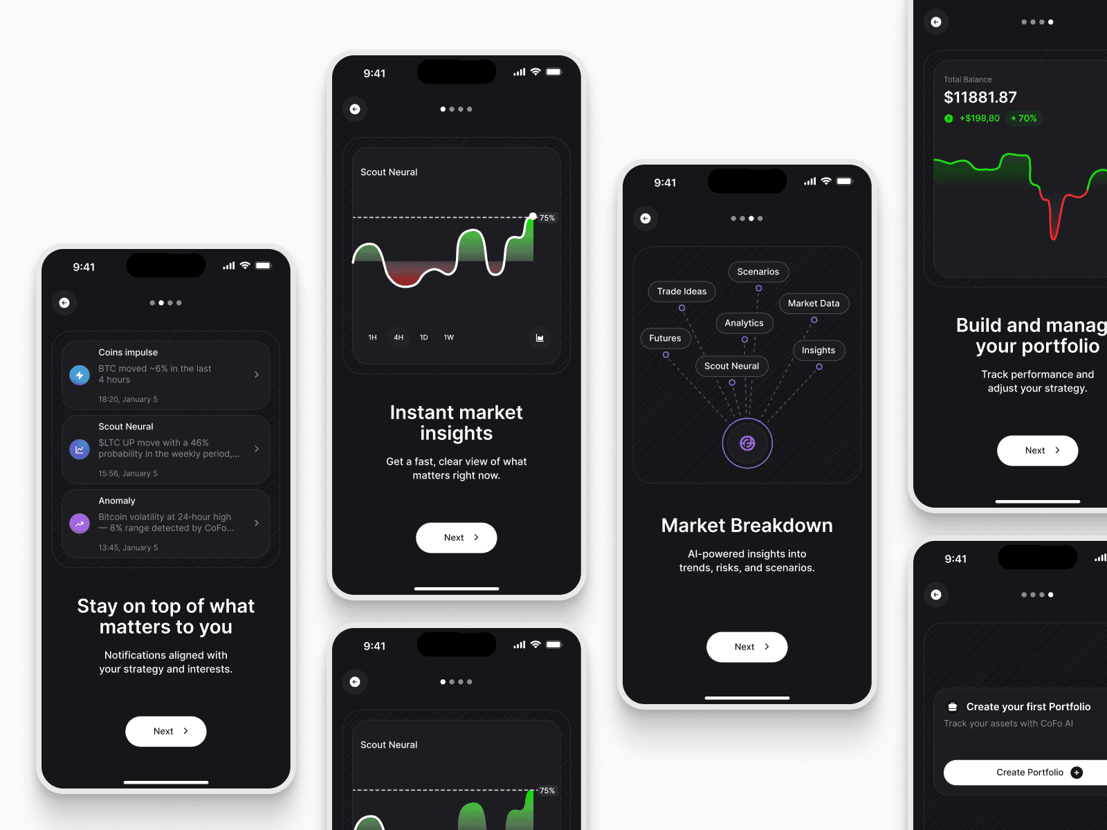 Mobile MVP onboarding screens demonstrating financial insights, portfolio setup, and guided user journeys
