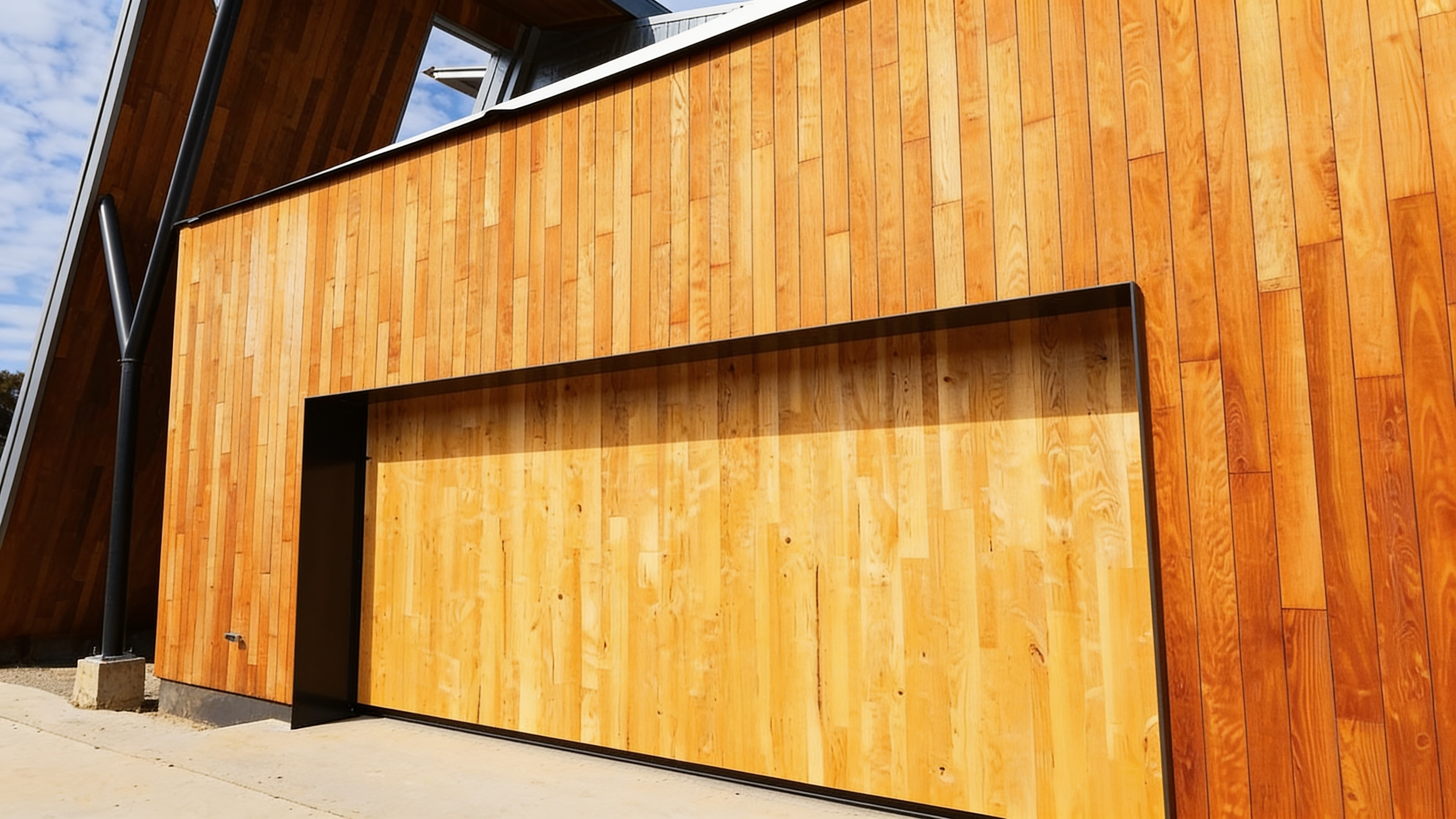 Wood-clad architectural building with a large hydraulic door open