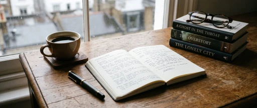 An open notebook and a cup of coffee on a desk by a window