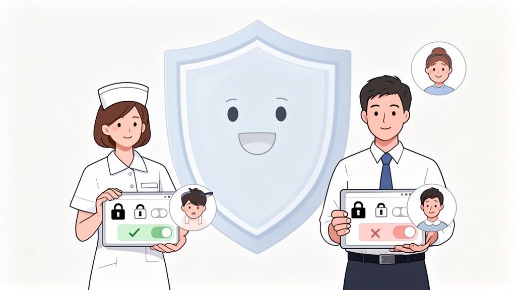 Illustrates data privacy and protection, with a nurse and man holding tablets showing access controls.