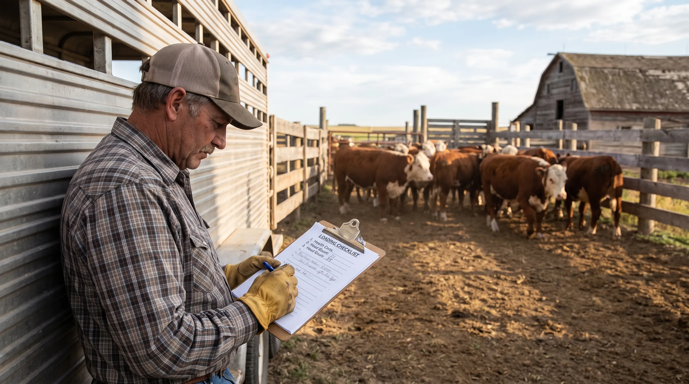 A livestock hauler reviews a notepad checklist beside a stock trailer at a rural loading pen, with cattle in the background.