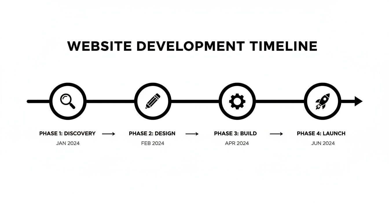 A clear website development timeline with four phases: Discovery, Design, Build, and Launch, showing months.