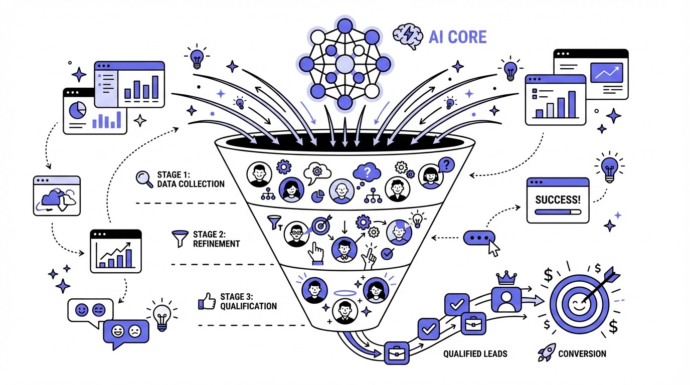 Diagram showing a glowing AI neural network precisely guiding segmented customer data through a multi-stage lead generation funnel to produce high-quality leads.