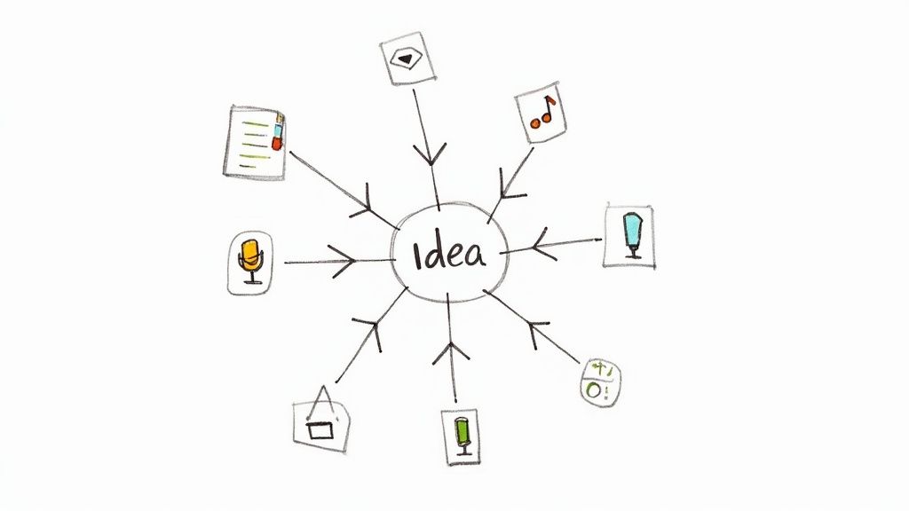 A hand-drawn mind map with 'Idea' at the center, showing inputs from document, video, music, and audio icons.